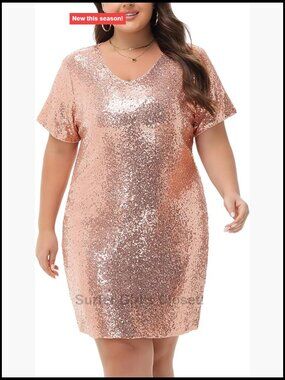 Plus Size Sequin Shift Dress Short Sleeve V-Neck Party Sparkle Cocktail Midi